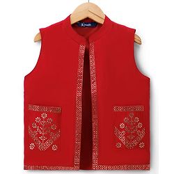 Pine Kids Woven Full Sleeves Kurta Pajama Set with Jacket & Rhinestone Detailing - Red