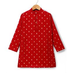 Pine Kids Woven Full Sleeves Kurta Pajama Set with Jacket & Rhinestone Detailing - Red