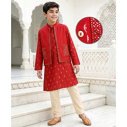 Pine Kids Woven Full Sleeves Kurta Pajama Set with Jacket & Rhinestone Detailing - Red