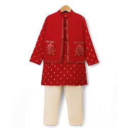 Pine Kids Woven Full Sleeves Kurta Pajama Set with Jacket & Rhinestone Detailing - Red