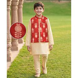 Pine Kids Woven Full Sleeves Kurta Pajama Set with Jacket & Floral Glitter Print - Beige