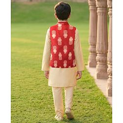 Pine Kids Woven Full Sleeves Kurta Pajama Set with Jacket & Floral Glitter Print - Beige
