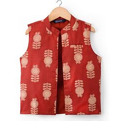 Pine Kids Woven Full Sleeves Kurta Pajama Set with Jacket & Floral Glitter Print - Beige