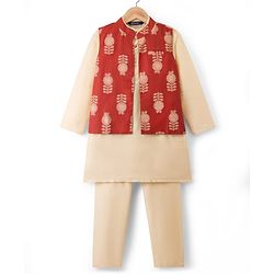 Pine Kids Woven Full Sleeves Kurta Pajama Set with Jacket & Floral Glitter Print - Beige
