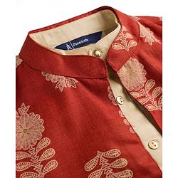 Pine Kids Woven Full Sleeves Kurta Pajama Set with Jacket & Floral Glitter Print - Beige