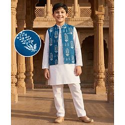 Pine Kids 100% Cotton Woven Full Sleeves Kurta Pyjama Set With Floral Printed Jacket - White & Navy Blue