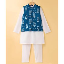 Pine Kids 100% Cotton Woven Full Sleeves Kurta Pyjama Set With Floral Printed Jacket - White & Navy Blue