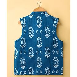 Pine Kids 100% Cotton Woven Full Sleeves Kurta Pyjama Set With Floral Printed Jacket - White & Navy Blue