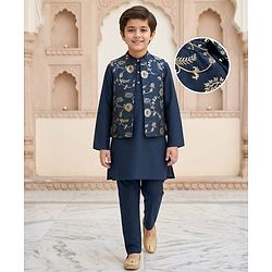 Pine Kids Woven Full Sleeves Kurta Pyjama Set With Foil Floral Printed Nehru Jacket - Navy Blue