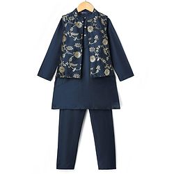Pine Kids Woven Full Sleeves Kurta Pyjama Set With Foil Floral Printed Nehru Jacket - Navy Blue