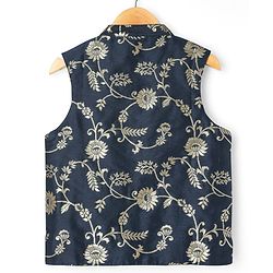 Pine Kids Woven Full Sleeves Kurta Pyjama Set With Foil Floral Printed Nehru Jacket - Navy Blue