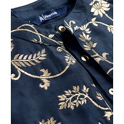 Pine Kids Woven Full Sleeves Kurta Pyjama Set With Foil Floral Printed Nehru Jacket - Navy Blue