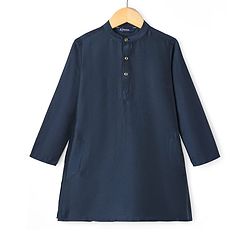 Pine Kids Woven Full Sleeves Kurta Pyjama Set With Foil Floral Printed Nehru Jacket - Navy Blue