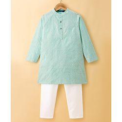 Pine Kids Woven Full Sleeves Floral Printed Kurta & Pyjama Set - Light Blue