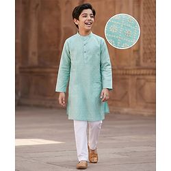 Pine Kids Woven Full Sleeves Floral Printed Kurta & Pyjama Set - Light Blue