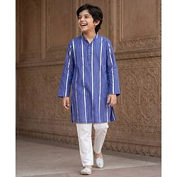 Pine Kids 100% Cotton Woven Full Sleeves Striped Kurta & Pyjama Set - Blue