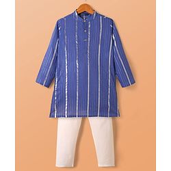 Pine Kids 100% Cotton Woven Full Sleeves Striped Kurta & Pyjama Set - Blue