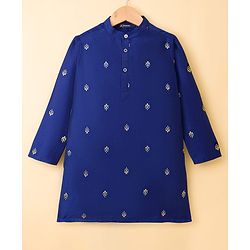 Pine Kids Woven Full Sleeves Kurta Pajama Set With Floral Foil Embriodery - Royal Blue