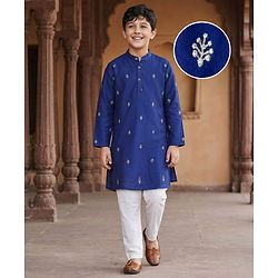 Pine Kids Woven Full Sleeves Kurta Pajama Set With Floral Foil Embriodery - Royal Blue