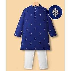 Pine Kids Woven Full Sleeves Kurta Pajama Set With Floral Foil Embriodery - Royal Blue