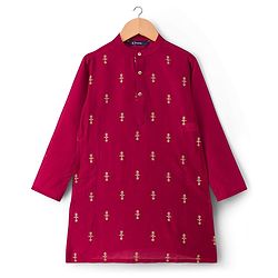 Pine Kids Woven Full Sleeves Printed Kurta Pyjama Set With Sequin Embroidered Nehru Jacket - Maroon