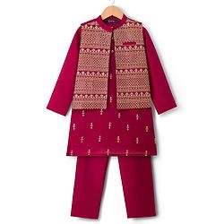 Pine Kids Woven Full Sleeves Printed Kurta Pyjama Set With Sequin Embroidered Nehru Jacket - Maroon