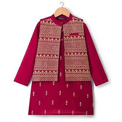 Pine Kids Woven Full Sleeves Printed Kurta Pyjama Set With Sequin Embroidered Nehru Jacket - Maroon
