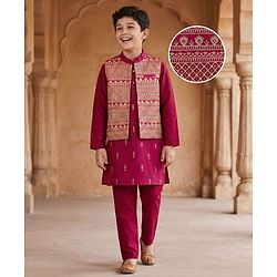 Pine Kids Woven Full Sleeves Printed Kurta Pyjama Set With Sequin Embroidered Nehru Jacket - Maroon