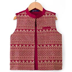 Pine Kids Woven Full Sleeves Printed Kurta Pyjama Set With Sequin Embroidered Nehru Jacket - Maroon