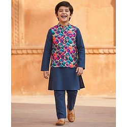Pine Kids Woven Full Sleeves Kurta Pajama Set with Jacket & Floral Print - Navy Blue