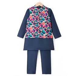Pine Kids Woven Full Sleeves Kurta Pajama Set with Jacket & Floral Print - Navy Blue