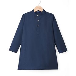 Pine Kids Woven Full Sleeves Kurta Pajama Set with Jacket & Floral Print - Navy Blue