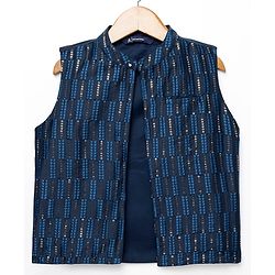 Pine Kids Woven Full Sleeves Kurta Pajama Set with Jacket Embroidery & Sequin Detailing - Navy Blue