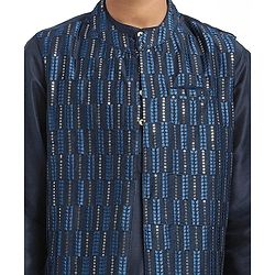 Pine Kids Woven Full Sleeves Kurta Pajama Set with Jacket Embroidery & Sequin Detailing - Navy Blue