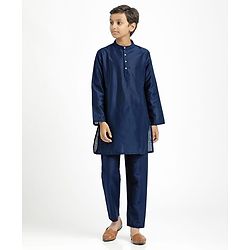 Pine Kids Woven Full Sleeves Kurta Pajama Set with Jacket Embroidery & Sequin Detailing - Navy Blue