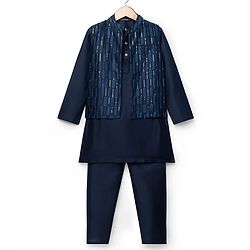 Pine Kids Woven Full Sleeves Kurta Pajama Set with Jacket Embroidery & Sequin Detailing - Navy Blue