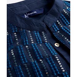 Pine Kids Woven Full Sleeves Kurta Pajama Set with Jacket Embroidery & Sequin Detailing - Navy Blue