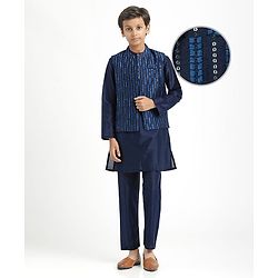 Pine Kids Woven Full Sleeves Kurta Pajama Set with Jacket Embroidery & Sequin Detailing - Navy Blue