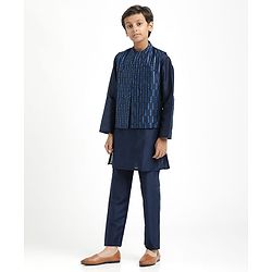 Pine Kids Woven Full Sleeves Kurta Pajama Set with Jacket Embroidery & Sequin Detailing - Navy Blue
