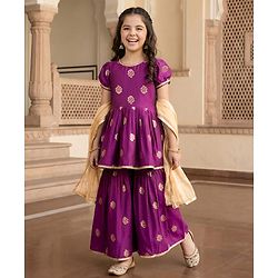 Pine Kids Woven Half Sleeves Floral Printed Kurti & Sharara Set With Dupatta - Violet
