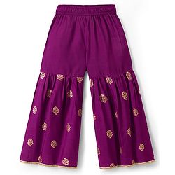 Pine Kids Woven Half Sleeves Floral Printed Kurti & Sharara Set With Dupatta - Violet