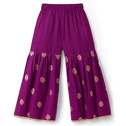 Pine Kids Woven Half Sleeves Floral Printed Kurti & Sharara Set With Dupatta - Violet