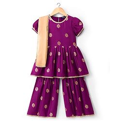 Pine Kids Woven Half Sleeves Floral Printed Kurti & Sharara Set With Dupatta - Violet