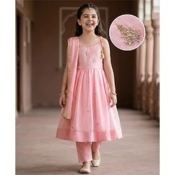 Pine Kids Woven Sleeveless Kurti Chudidar Set with Dupatta & Embroidery - Pink