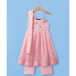 Pine Kids Woven Sleeveless Kurti Chudidar Set with Dupatta & Embroidery - Pink