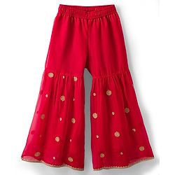 Pine Kids Woven Sleeveless Kurti Palazzo Set With Floral Embroidery & Dupatta - Red