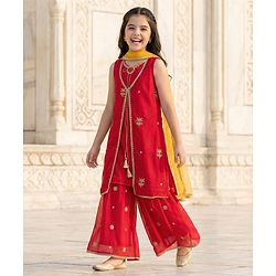 Pine Kids Woven Sleeveless Kurti Palazzo Set With Floral Embroidery & Dupatta - Red