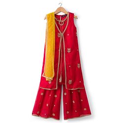 Pine Kids Woven Sleeveless Kurti Palazzo Set With Floral Embroidery & Dupatta - Red