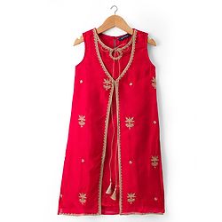 Pine Kids Woven Sleeveless Kurti Palazzo Set With Floral Embroidery & Dupatta - Red