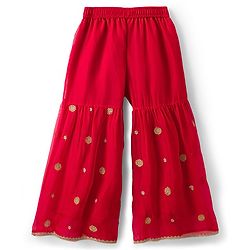 Pine Kids Woven Sleeveless Kurti Palazzo Set With Floral Embroidery & Dupatta - Red